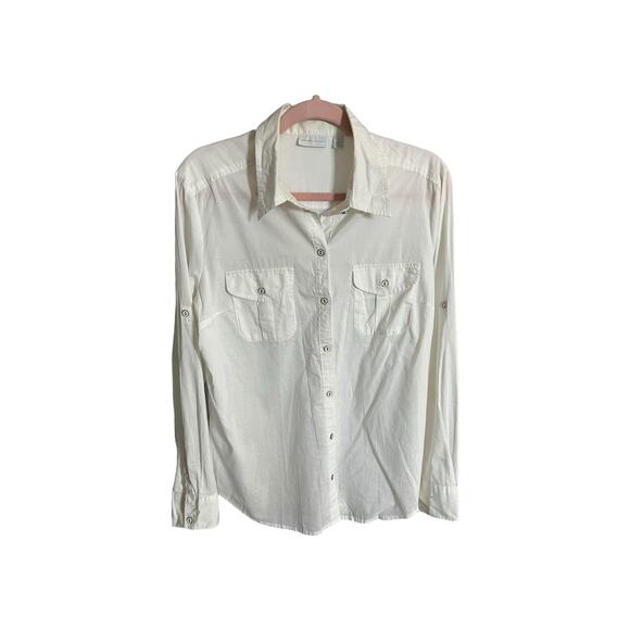 New York & Co white long sleeve button down collared cotton shirt Large - Picture 1 of 7